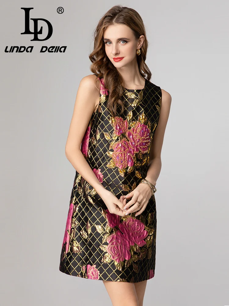 LD LINDA DELLA 2025 مجموعة جديدة ملمس مميز على شكل حرف a فستان تنورة فساتين راقية فستان مزاجه الوردي الذهبي للسيدات بدون أكمام