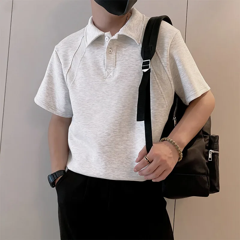 

Korean Splicing Men's Polo Shirts Light Luxury Retro Loose Casual Short Sleeve T-shirts Solid Color Lapel Polo Tees Men Clothing