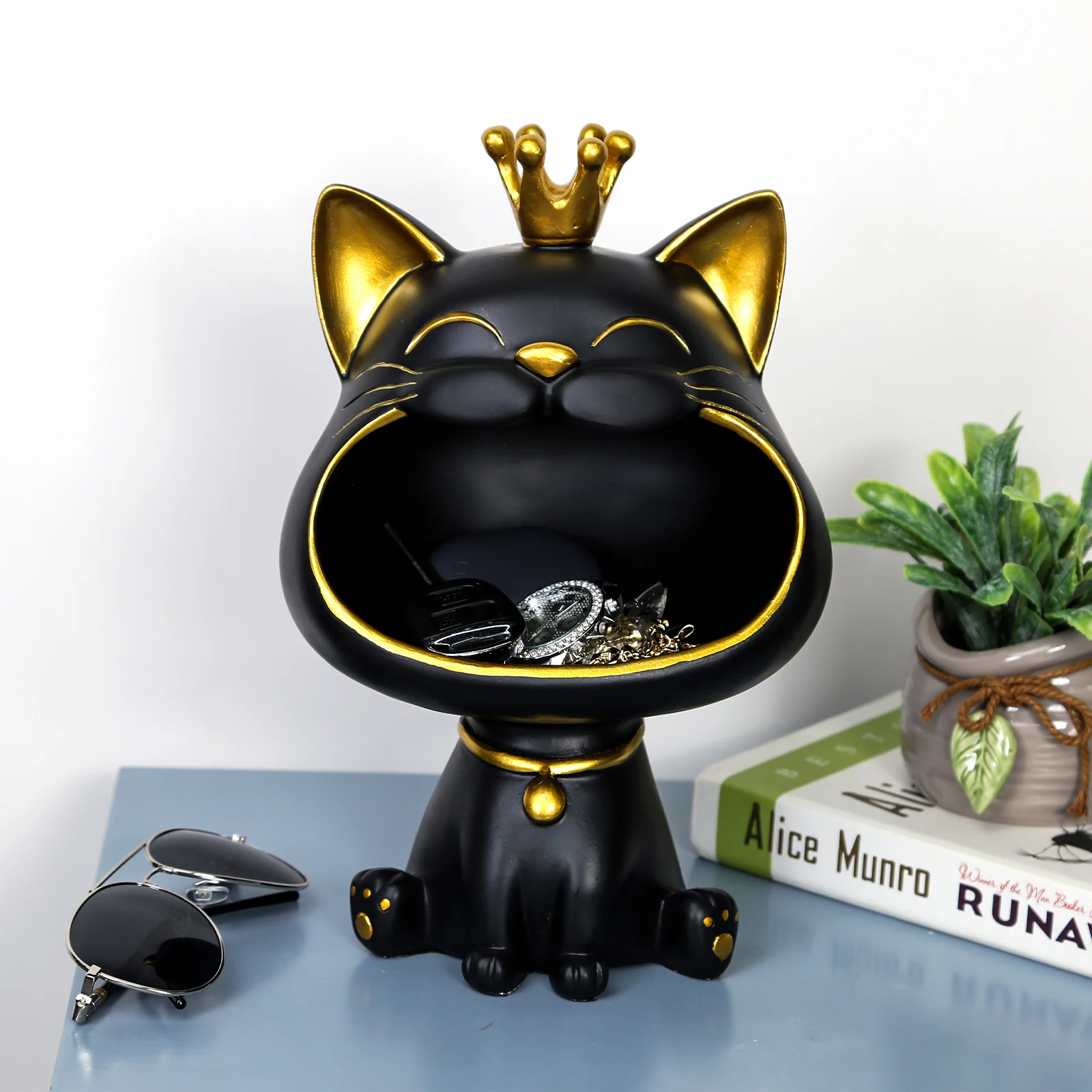 NEW Fortune Crown Big Mouth Cat Entrance Key Storage Tray Decorative Ornament, Light Luxury Housewarming Gift Sculpture