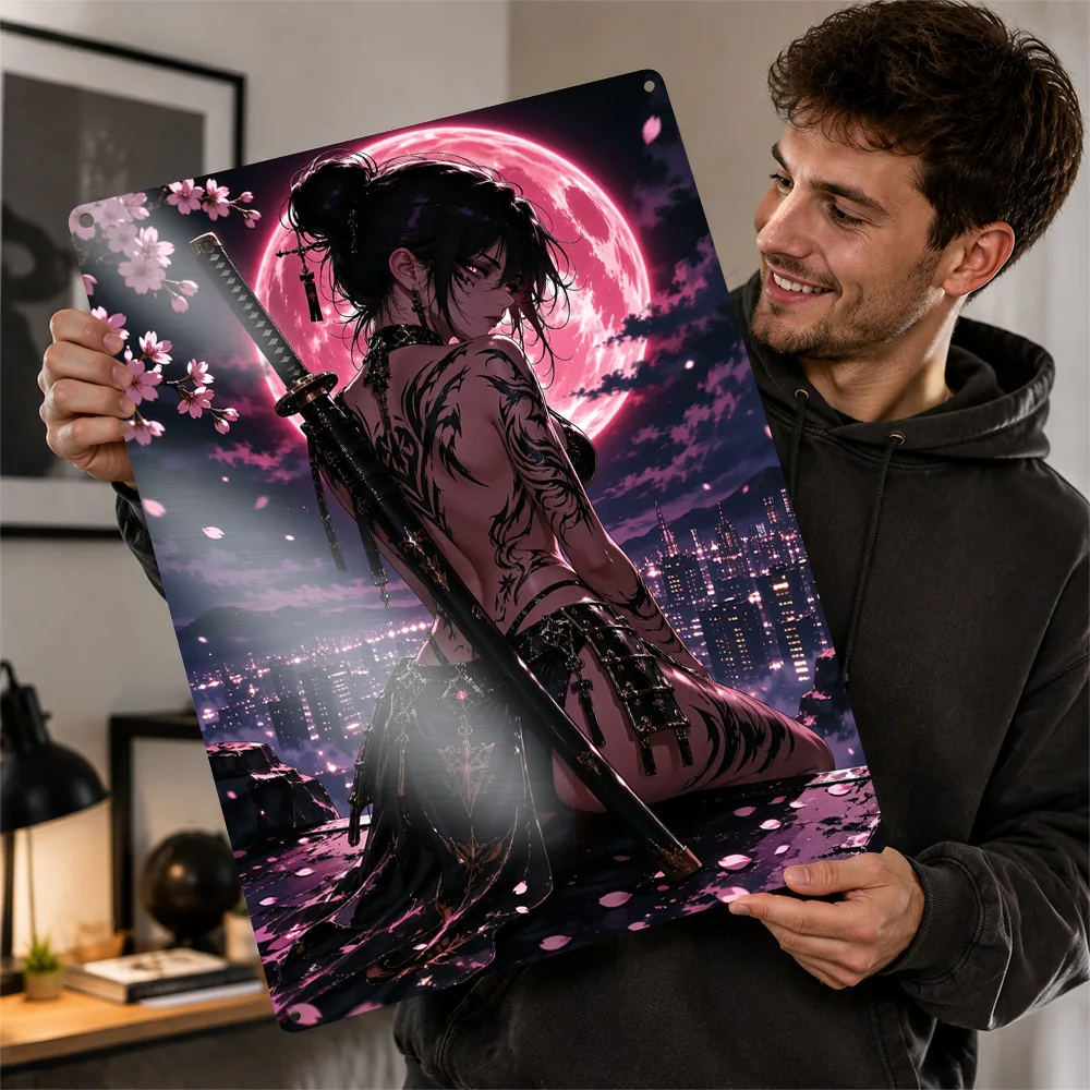 Tattooed Samurai Under Red Moon Textured Metal Poster Japanese Anime Wall Art For Gaming Room Customized Aluminum Sign Fan Gift