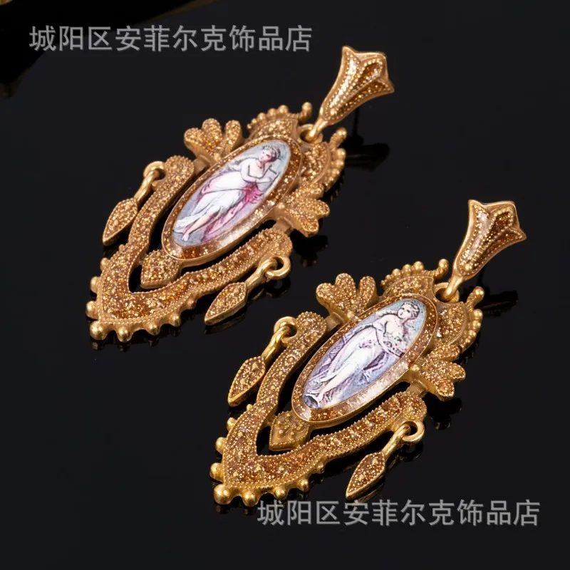 Vintage Plaster Figure Hollow Stud Earrings, Palace Style Antique Finish Gold Tone Printed Ear Jewelry For Women