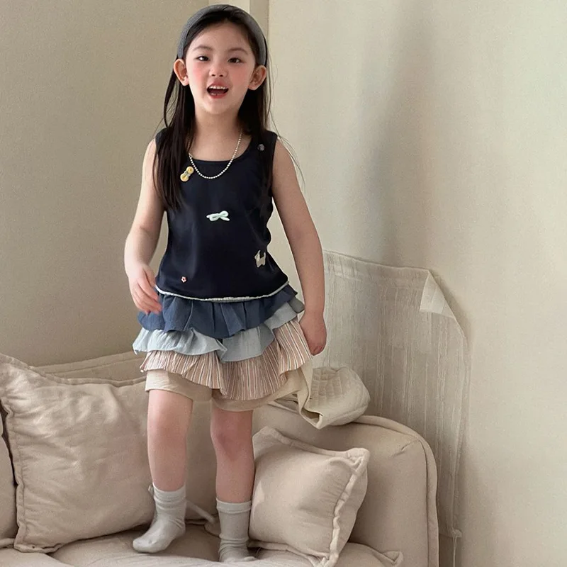 

Two-piece Set Korean Version of Girls' Summer 2026 New Style Vest Top Color Blocked Half Skirt Fashion Suit