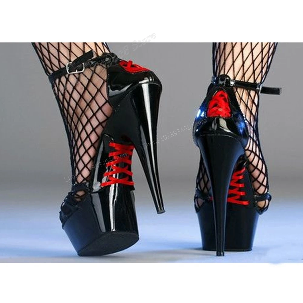 Black Cross Tied Hollow Platform Sandals Stiletto High Heel Patent Leather Fashion Women Shoes 2024 Sexy Zapatos Para Mujere