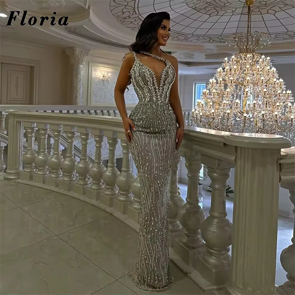 Silber Perlen Abendkleider Elegante Dubai Coutures Hochzeit Party Kleid Halter Weibliche Promi Kleid