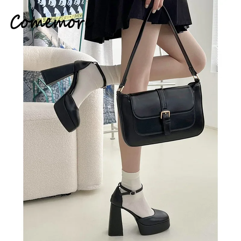 Comemore Platform Party Chunky Heel Sandals White Heels Shoes Women Zapatos De Tacon Summer Fashion Square Toe Buckle Pumps Shoe