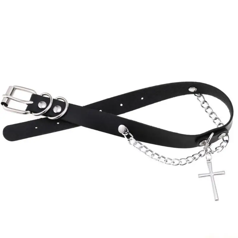 31BF Einstellbare Gothic Leder Halsband Kragen Halskette Punk Schlüsselbein Kette Halskette Kreuz Anhänger Halsband Halskette
