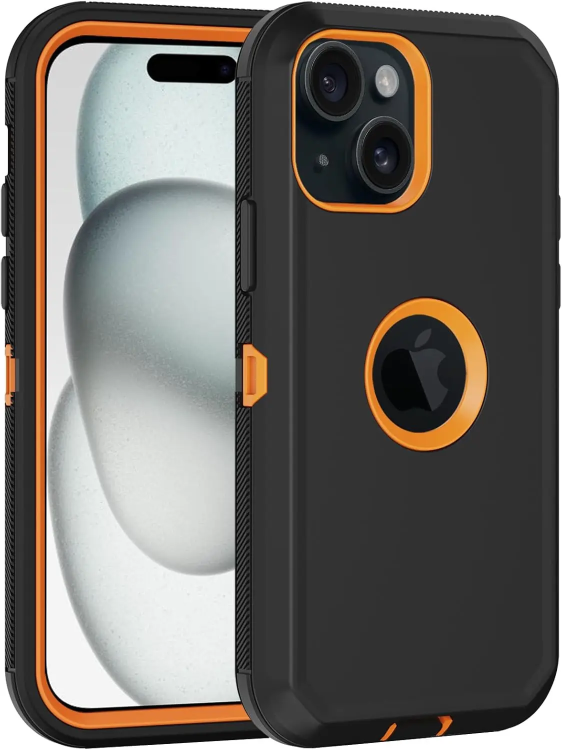 

Heavy Duty 3-Layer Shockproof Phone Case with Built-in Screen Protector for iPhone 15, Black/Orange