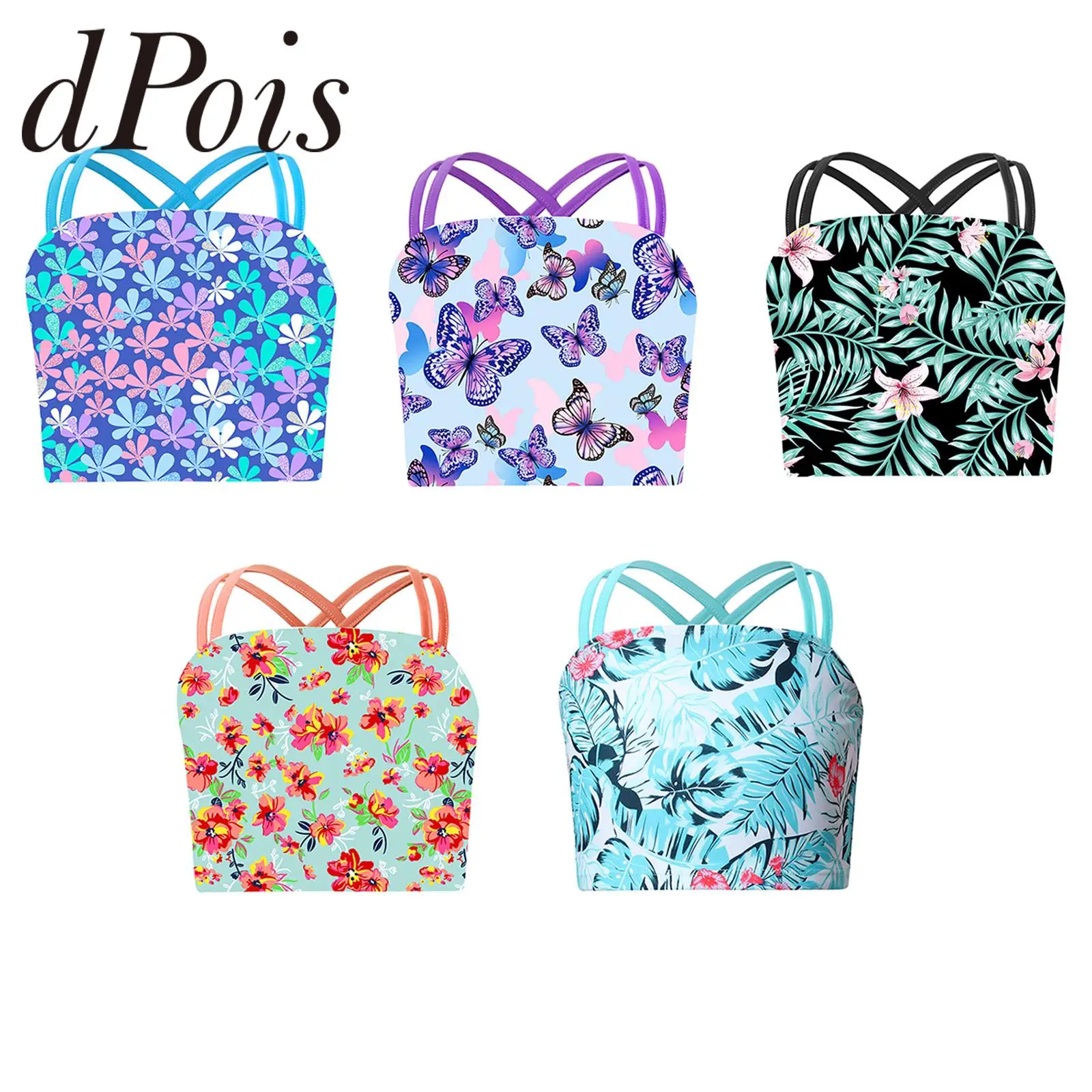 Kids Summer Swim Tops For Girls Double Straps Print Crop Vest Tank Top Tankini Bathing Pool Beach Children's Separates Swimwear