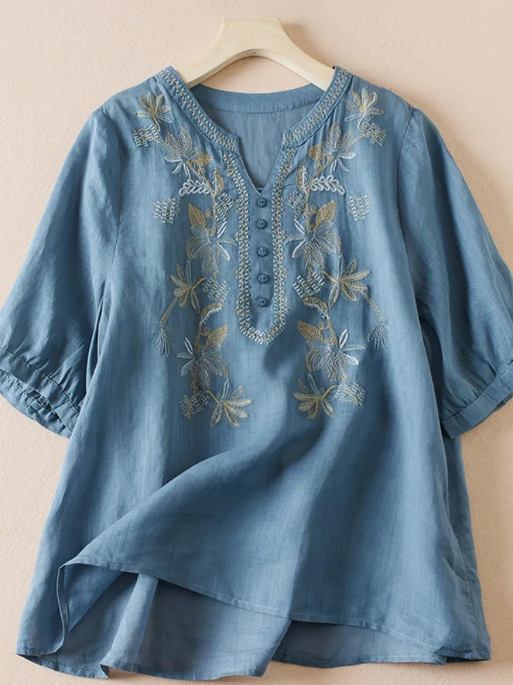 

Ретро-блузка из хлопка и льна с вышивкой для женщин, летняя, тонкая, свободного кроя, скрывающая живот, с открытым воротником