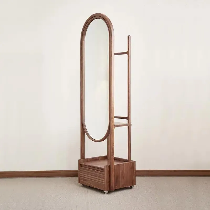 North American Black Walnut Rotating Full Length Floor Mirror with Hanger and Storage Drawer