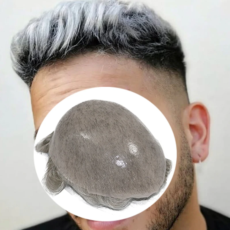 Mens #565 Grey 100% Human Hair Super Thin Skin Toupee 0.04mm V-Loop Blonde Hair Silicone Full PU Replacement System Prosthesi