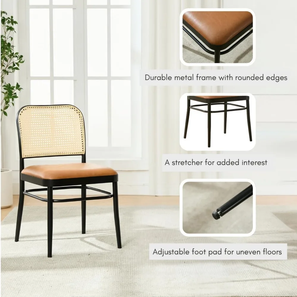 مجموعة كراسي تناول الطعام المصنوعة من الجلد الصناعي المنجد الحديث لمنتصف القرن مكونة من 4 قطع، تصميم خلفي قصب للمطبخ وغرفة الطعام