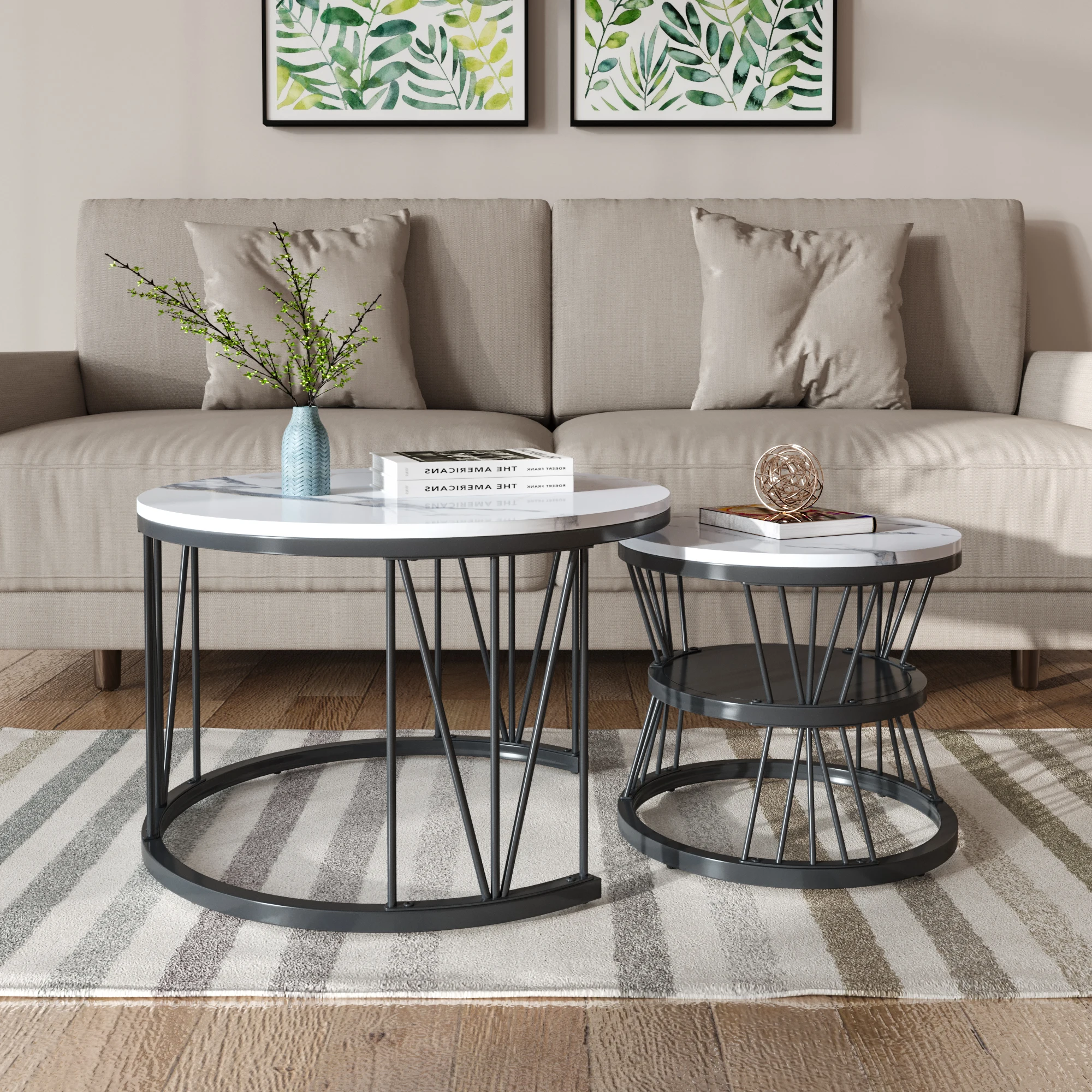 Runder Couchtisch-Set aus 2 Teilen, Wohnzimmertisch mit Stauraum, Marmor-Optik & Metallrahmen, Beistelltisch für Wohnzimmer, Balkon, 70 & 45 cm