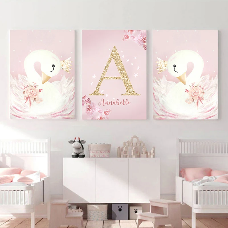 Pink Kawaii Room Decor Swan Nursery Wall Art Canvas Painting Name Personalized Letter Wall Posters and Prints Bedroom Wall Decor