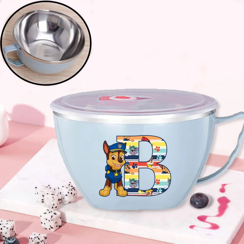 Cuenco de acero inoxidable con tapa de la Patrulla Canina para niños y niñas, cuencos con estampado de letras de dibujos animados A-Z, cuenco de comedor bonito a la moda para niños