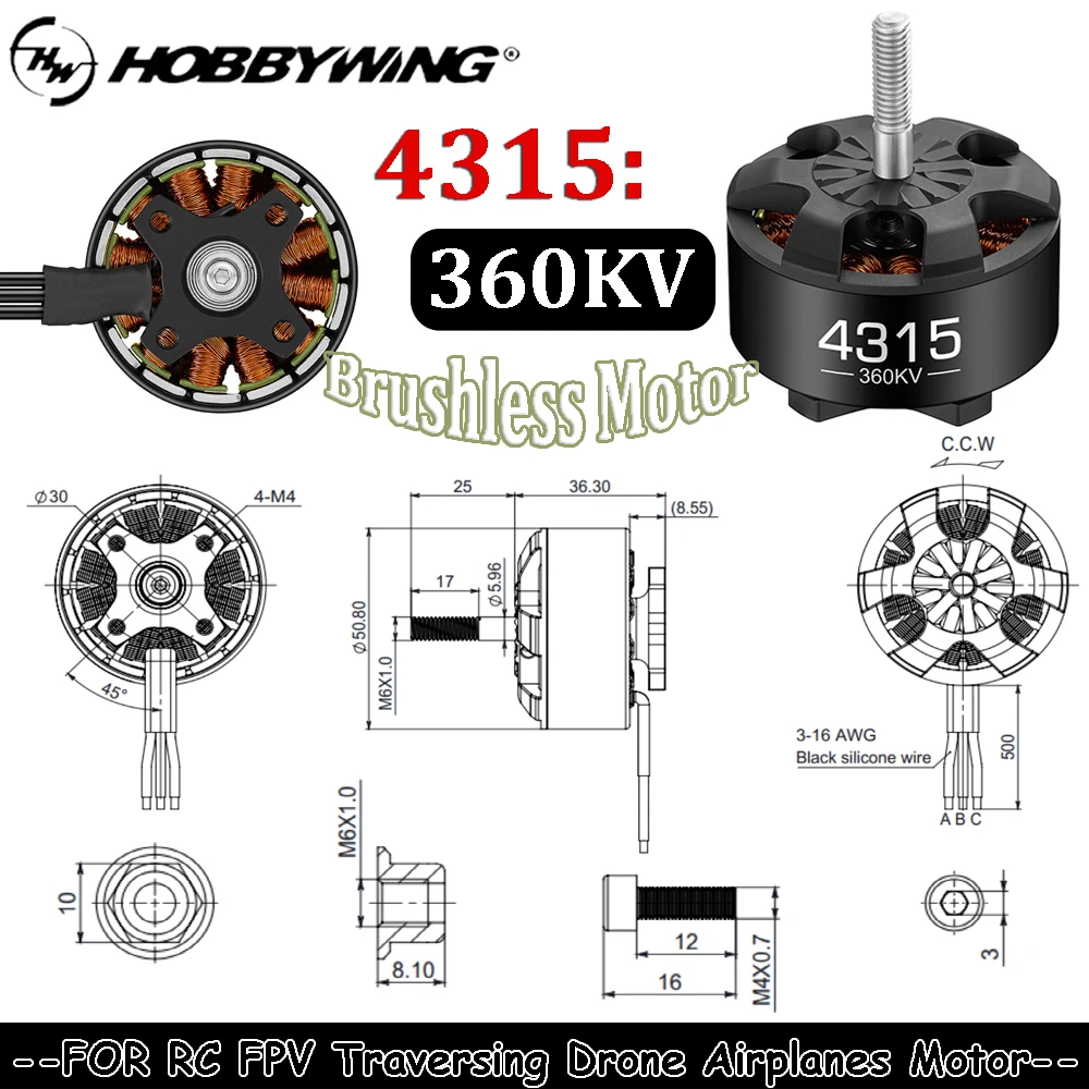

HOBBYWING RC FPV Traversing Drone Motor Part 4315 360KV Brushless Motor 8S Lipo 1.8A/32V for 15inch RC Racing Helicopter Planes