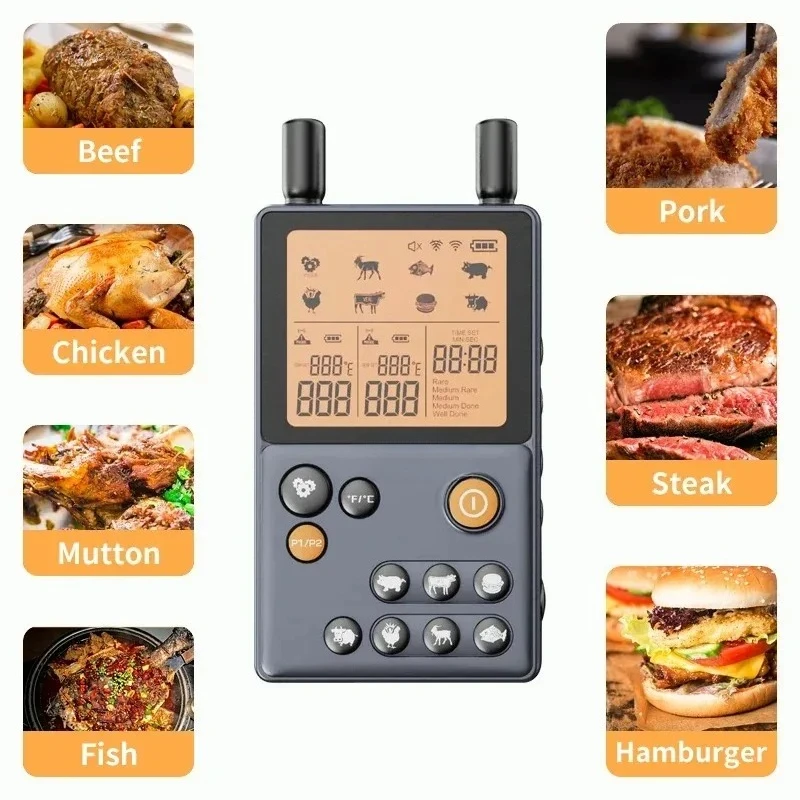 Long Range intelligent Bbq Cooking Thermometer Wireless Digital Meat Thermometer With Dual Probe Thermometer