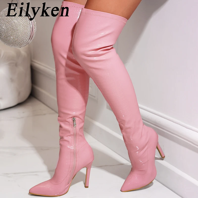 EilyKen Candy Color Women Over The Knee Boots Sexy Pointed Toe Thigh High Long Booties Steel Tube Dance Stiletto Shoes