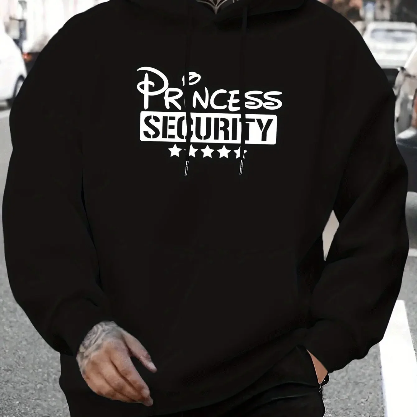 Funny Princess Security Slogan Mens Hooded Sweatshirt Five Stars Letter Graphic Casual Loose Street‑Wear Hoodie