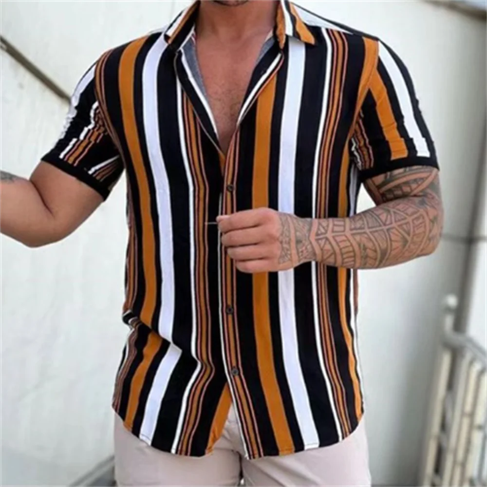 Men\'s short sleeved lapel striped printed button up shirt for summer leisure vacation, comfortable and soft Hawaiian shirt