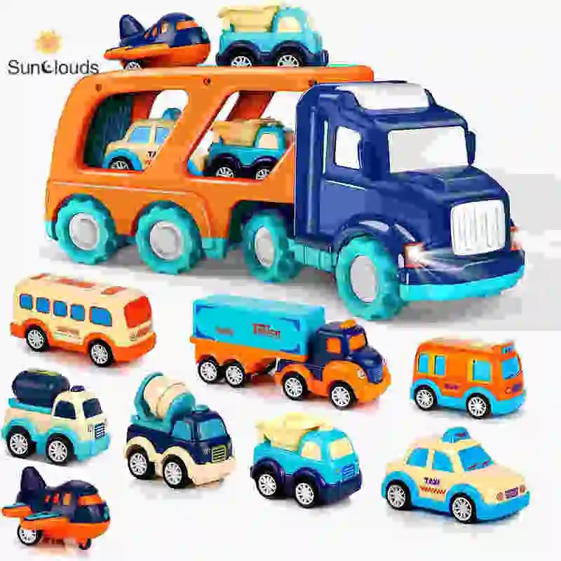 9 Pack Cars Toys Old Toddlers Boys & Girls Gift, Big Transport Truck with 8 Small Cute Pull Back Trucks, Carrier Truck with Soun