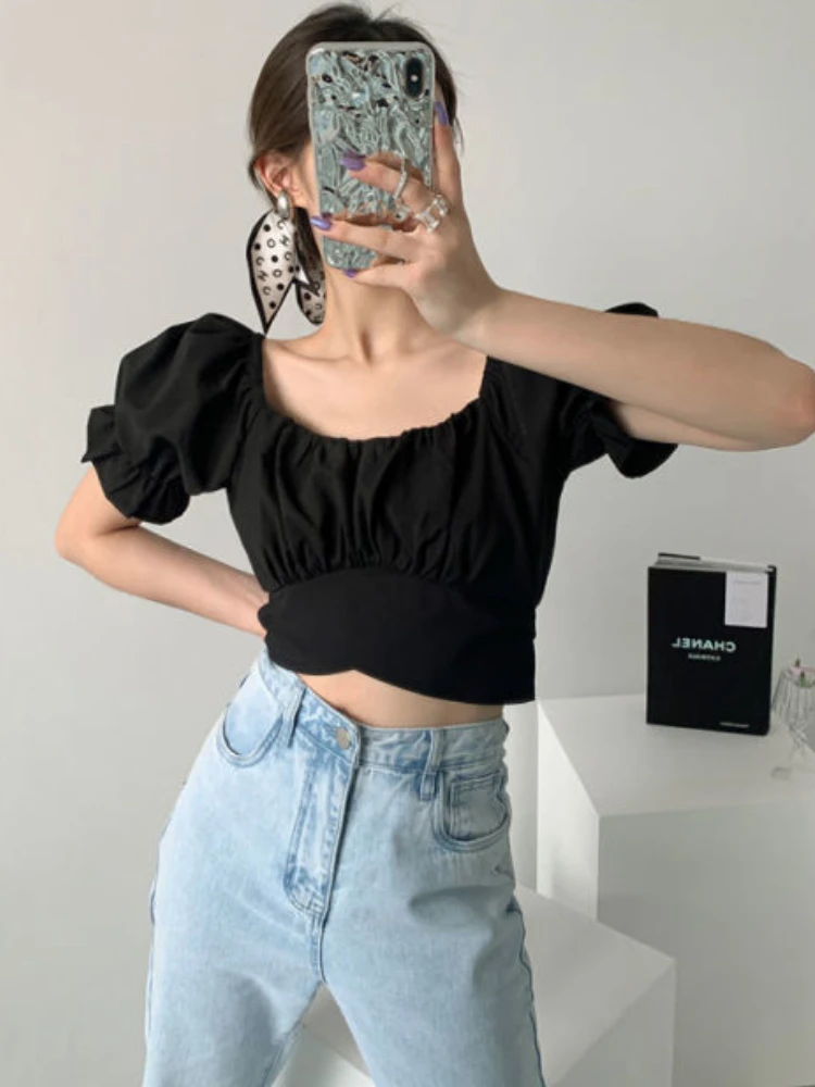 Lace-up Blouses Women Slim Sexy Cropped Minimalist Pure Sweet Design Korean Style Leisure Popular Summer Elegant Daily All-match