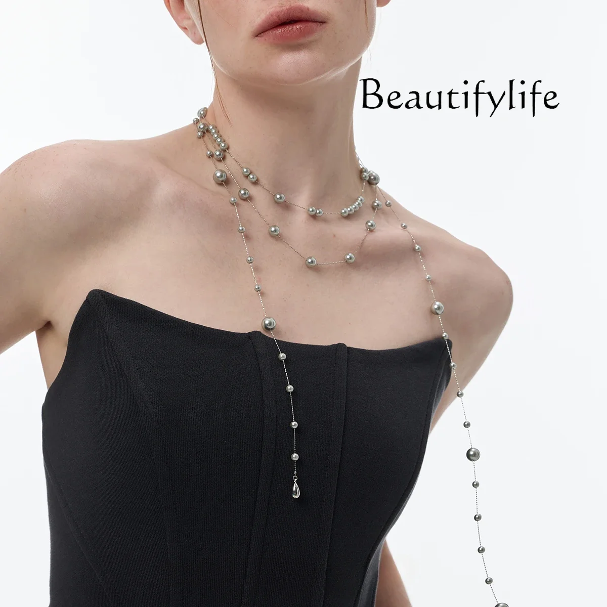 Simple design sense, high-grade broken sense, pearl water drop necklace, full of stars, long sweater chain for women