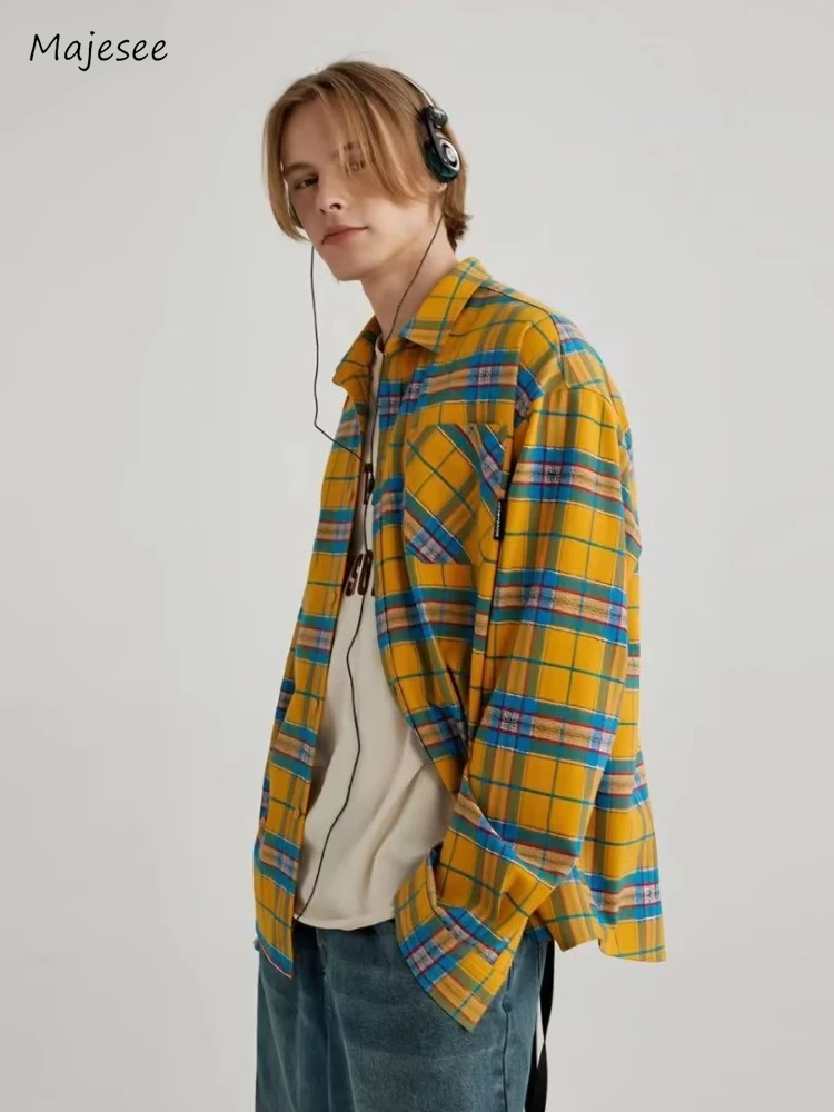 Mens Shirts Streetwear Fashion Casual Spring Autumn Long Sleeve Plaid Pocket American Style Unisex Baggy Youthful All-match Chic