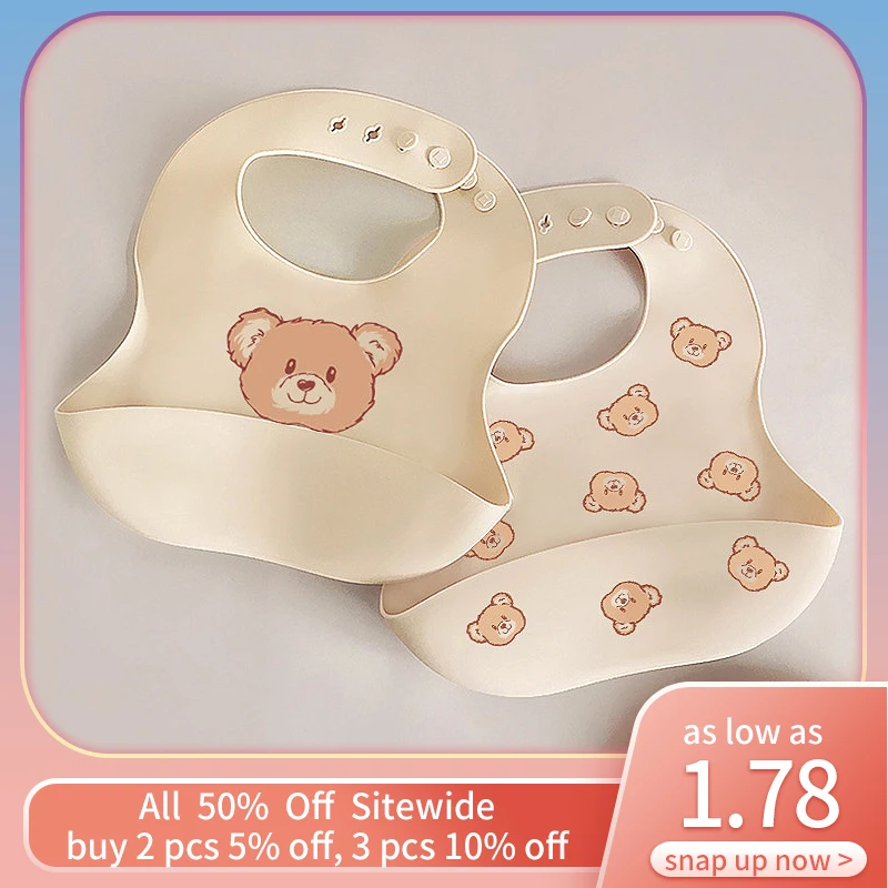 

Cartoon Bear Baby Bibs Soft Silicone Adjustable Saliva Burp Cloths Waterproof Kids Apron Toddler Infant Feeding Stuff BPA Free