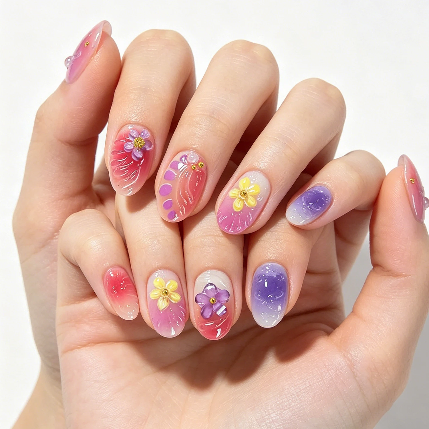 10pcs Macaron Pink Purple Gradient Round Press On Nails 3D Flower Pearl Decor Fake Nail for Summer Casual Trend Manicure Supplie