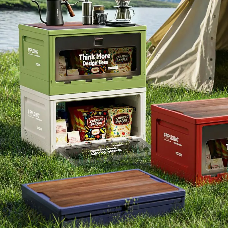 Foldable Outdoor Storage Box With Wooden Lid, Stackable Multi-color Organizer Bin With Transparent Window, Portable Waterproof