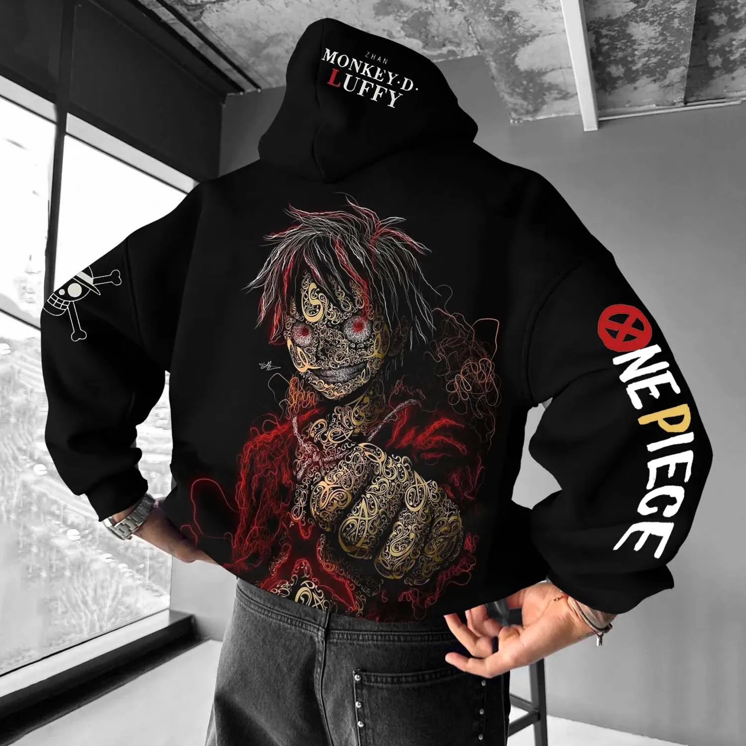

ONE PIECE Line Luffy Sauron Print Autumn and Winter Men's and Women's Thermal Sweater Special Offer Solid Color Hoodie