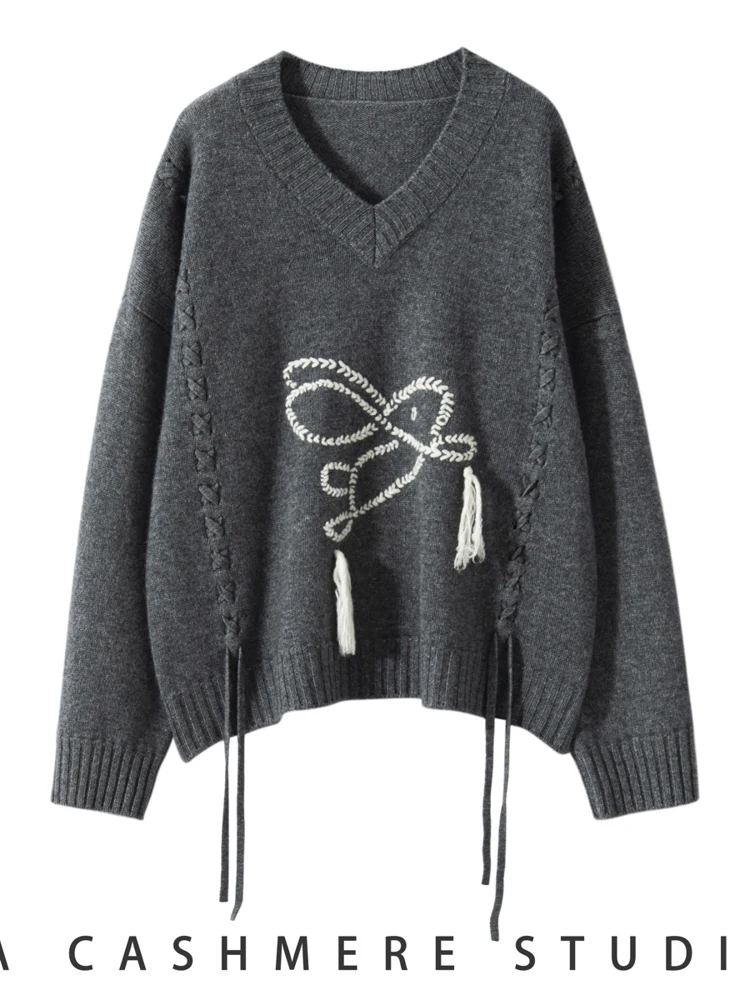 

MEETCC V-Neck Women Cashmere Pullover Autumn Winter 100% Cashmere Hand Work Bunny Sweater Heavy Work Female Quality Jumpers