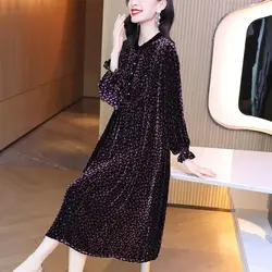 Stylish Vintage Broken Flowers Velvet Midi Dress Autumn Winter Long Sleeve Shirring Women's Clothing O-Neck Button Waist Dresses