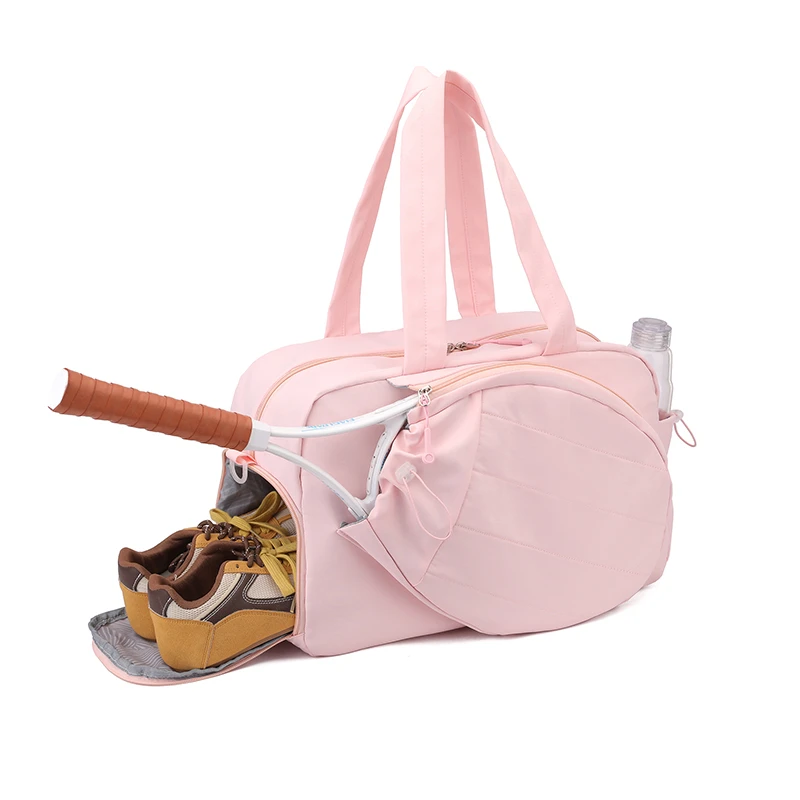 Bolsa de Tênis Rosa para Mulheres, Grande Capacidade, Suporte para Raquete, Compartimento Separado para Calçados, Bolsa de Ginástica com Bolso para Garrafa