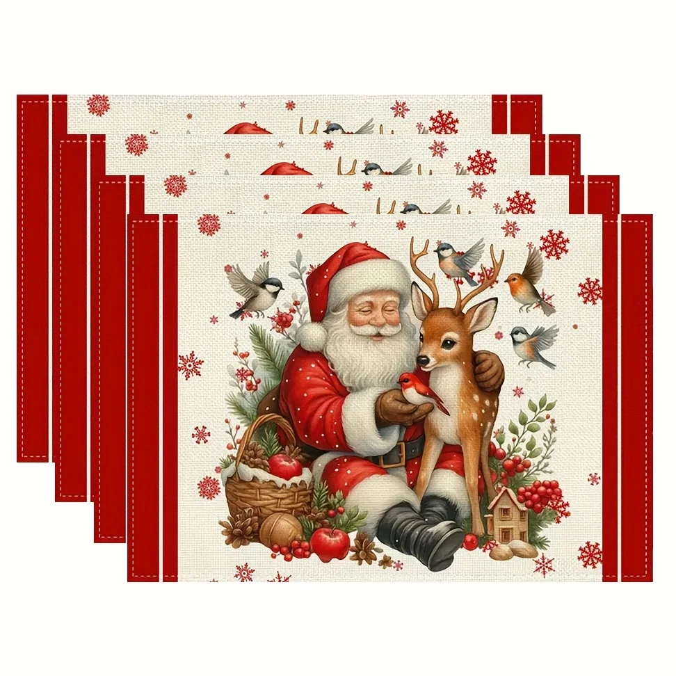 4pcs Featuring Santa Claus, Reindeer, Snowflakes, Berries, Branches, Leaves, And Little Birds for Christmas Placemats