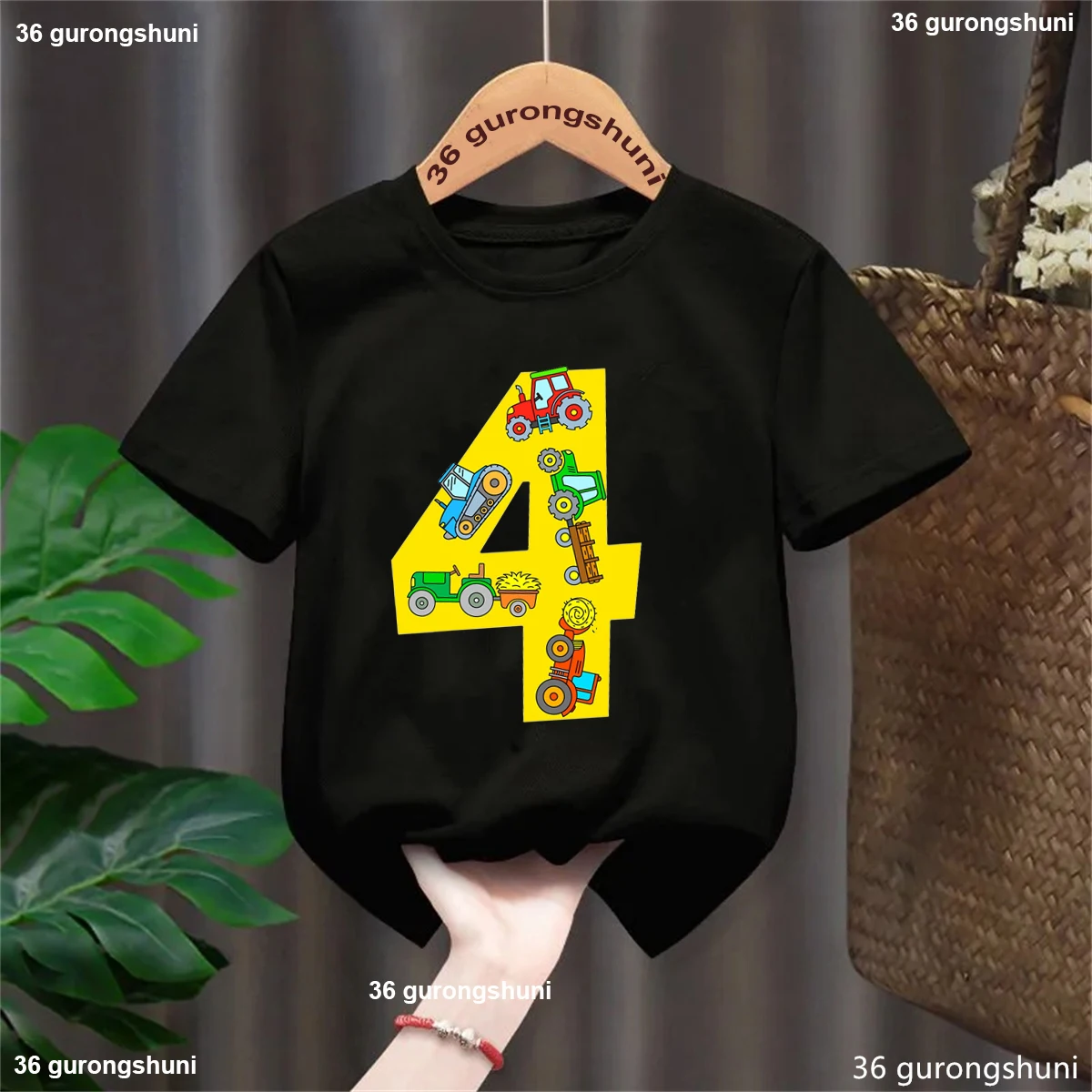 Kawaii Kids Clothes 4th Birthday Gift Famer Tractor Excavator Printed T Shirt Boys White/Blue/Yellow T-Shirt Summer Tops T-Shirt
