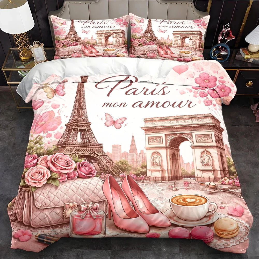 Paris Love Pink Romantic Bedding Set 3-Piece Duvet Cover Set 2D Flat Printed Duvet Cover Set Bedding Machine Washable, Invisible Zipper, Large Duvet Cover Set, Bedding Set Quilt Cover