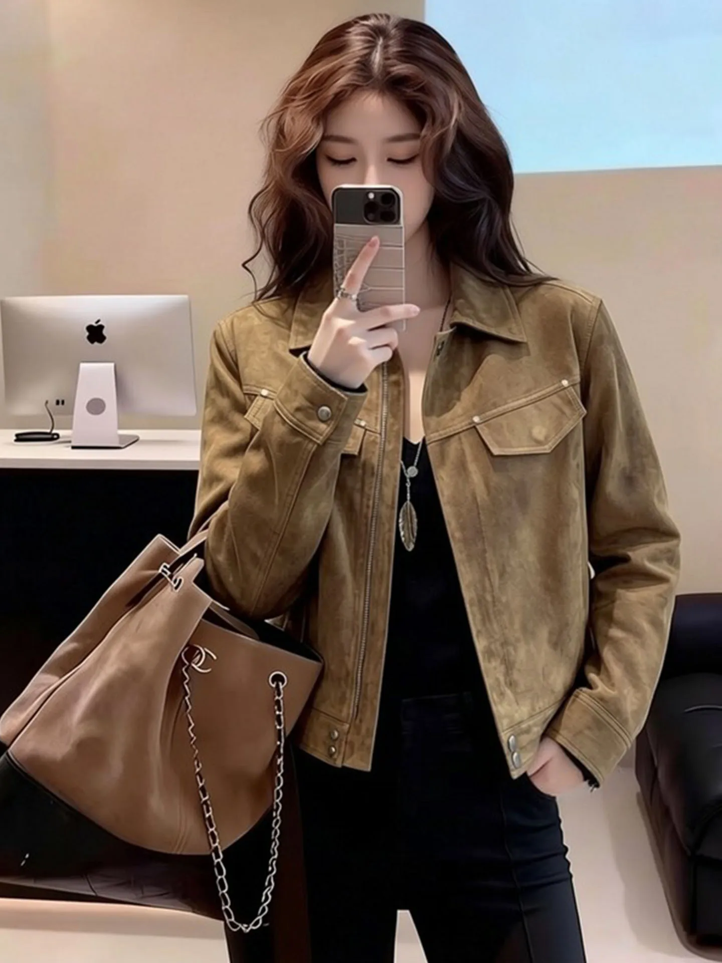 

Reverie Vintage Brown ort Coat Women's Spring 2026 New Sle Flip Collar Versatile High-End Feeling Jaet Top