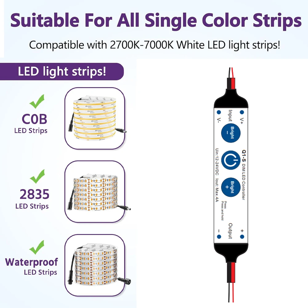 3-klawiszowy jednokolorowy mini kontroler LED Bezstopniowe ściemnianie 1CH 4A DC12V 24V Ściemniacz do jednokolorowych pasków świetlnych LED 5050