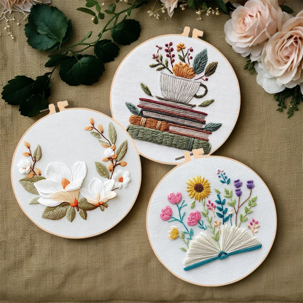 MomoArt DIY Kreuzstich-Set Blumenmuster Stickerei mit Rahmen Buch Teetasse Handarbeit Sonnenblume Heim Schlafzimmer Wandkunst