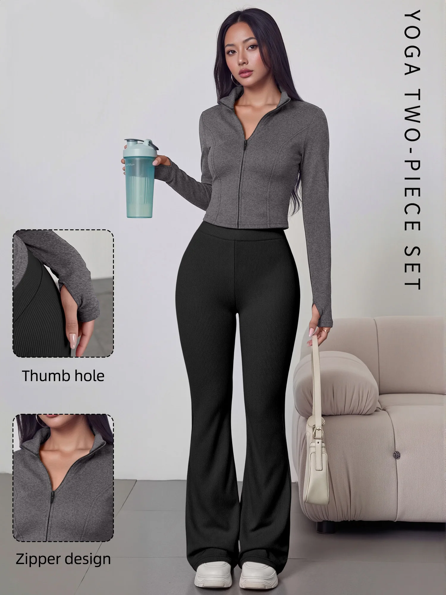 European American Women Ribbed Knit Two Piece Set, Long Sleeve Zip Top With High Waist Flare Pants, Casual Slim Daily Outfit