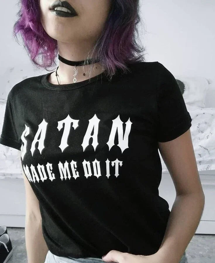 Satan Made Me Do It T-Shirt Gothic Black Halloween Tee Hipsters Funny Solgan TShirt Tumblr Graphic Tee  Summer Shor Sleeve Shirt