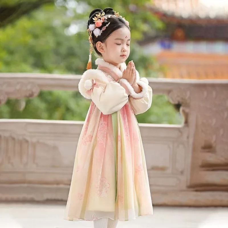 Abito da principessa in stile nazionale della dinastia floreale Nuovo costume classico per bambina Tang per bambini Performance Hanfu Aggiungi velluto