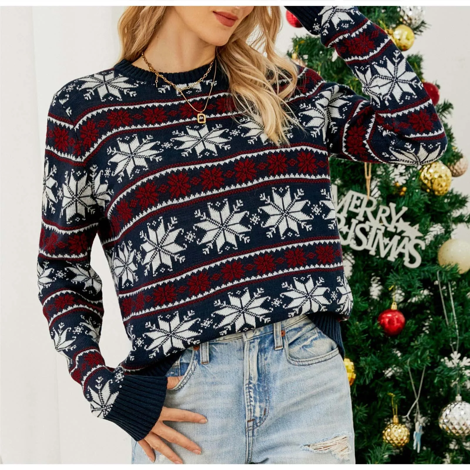 Women Snowflake Jacquard Red Christmas Party Knitted Sweaters 2024 Autumn Winter Casual O Neck Long Sleeve Pullover Tops Jumpers