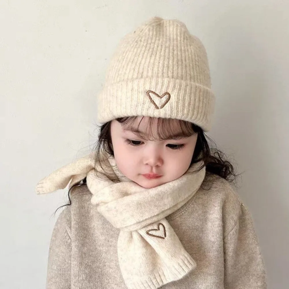 

Love Heart Embroidery Knitted Hat Scarf Set Thickened Korean Style Winter Pullover Cap Windproof Anti-cold Neck Warmer Set Ski