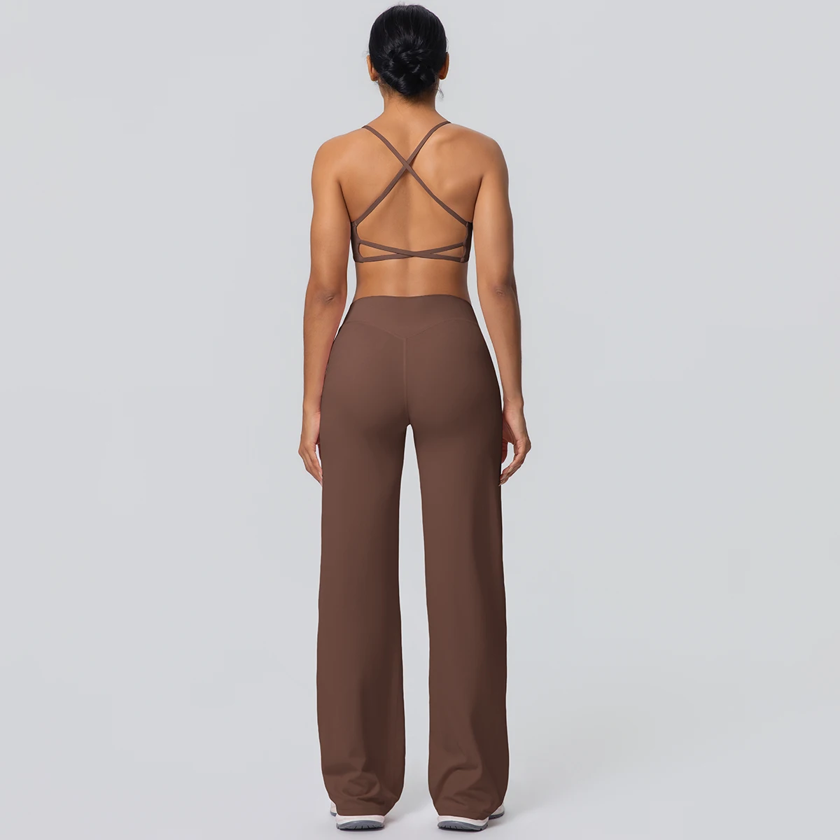 Frauen Gym Sport Yoga Anzug Sexy Schöne Zurück Yoga Unterwäsche Mit Brust Pad Einfarbig Hohe Taille Breite Bein Hosen Yoga Set – Detail 6