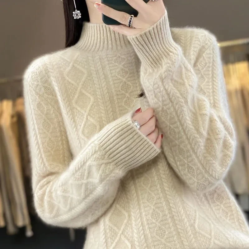 2024 New Women Autumn Winter Sweater Thick 100% Merino Wool Turtleneck Casual Cashmere Knitwaer Pullover Korean Fashion Tops