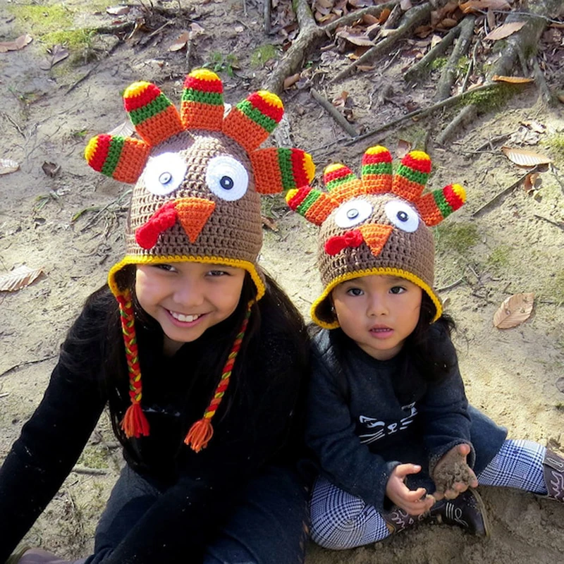 Parent-Child Thanksgiving Knitted Hat Cute Contrasting Color Cartoon Turkey Hat Photo Props Adults/Children  Pullover Hat