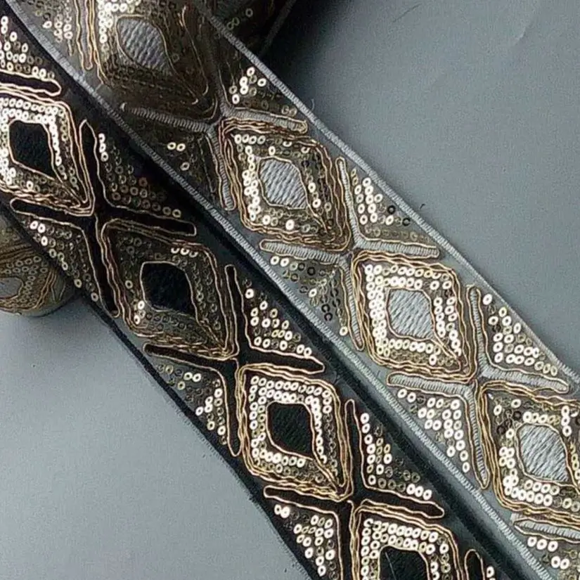 2 Yards Silver Black 5cm Sequins African Lace Trims Geometric Lace Ribbon DIY Sewing Dress Decoration Lacework Materials